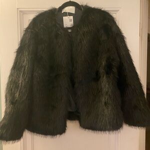 NWT oak+fort brand black faux fur coat